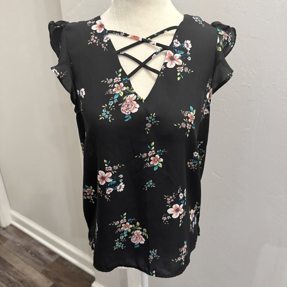 Crescent & Willough Sleeveless Blouse Black Floral Print, Size Small (A0134)